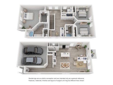 a stylized 3d floor plan of a house with a car and a balcony